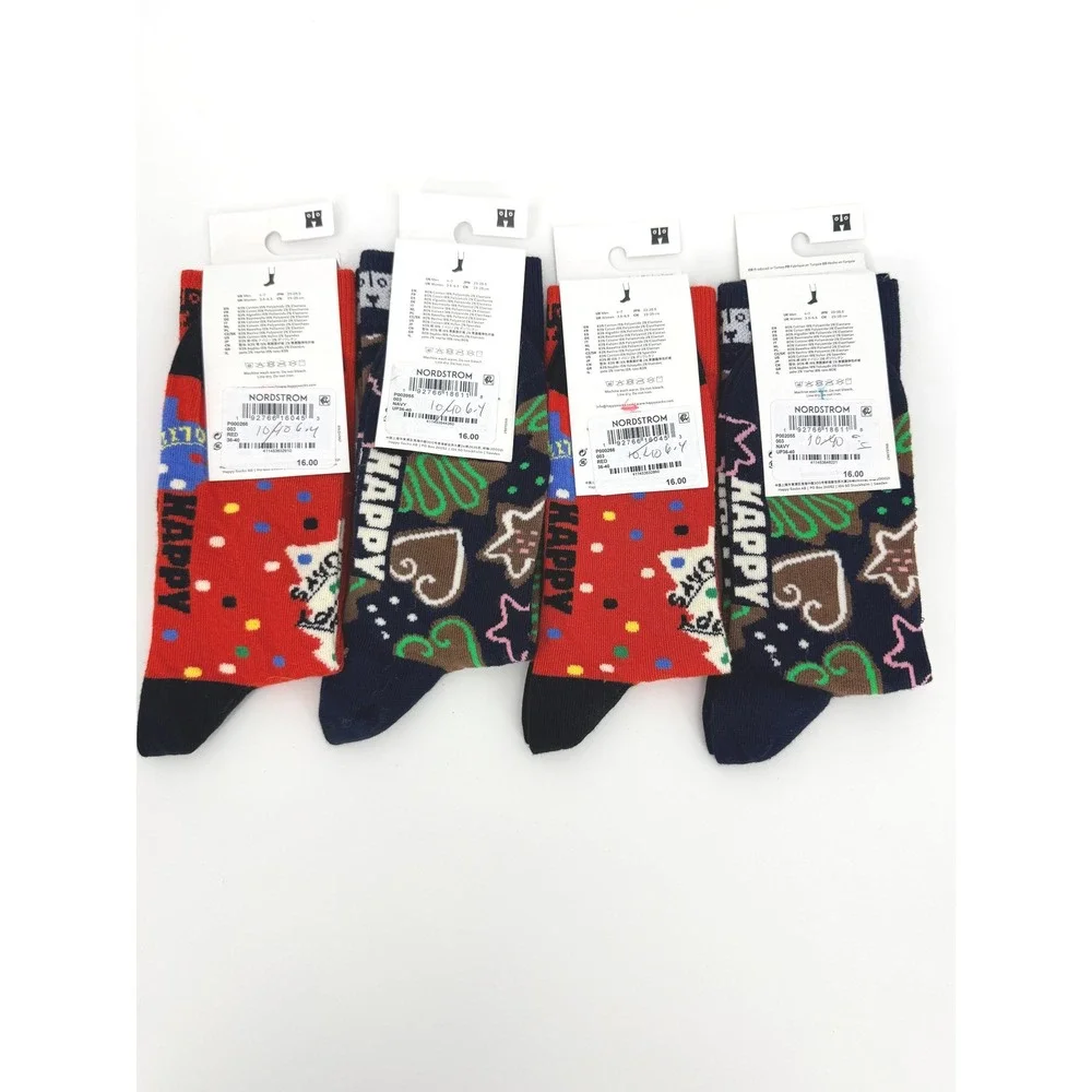 Happy Socks Womens Holiday Crew Socks Christmas Tree Gingerbread Navy Red 4 Pair